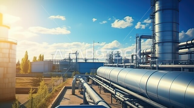 مفهوم العمل في القطاع الهندسي الصناعي، جودة الآلات والمعدات في معامل استخرج النفط، التقنيات الحديثة في انتاج الزيوت والغاز ، مصانع تكرير البترول في وقت غروب الشمسفي المملكة العربية السعودية