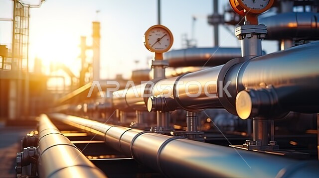 جودة الآلات والمعدات في معامل استخرج النفط، مفهوم العمل في القطاع الهندسي الصناعي، التقنيات الحديثة في انتاج الزيوت والغاز ، مصانع تكرير البترول في وقت غروب الشمس في المملكة العربية السعودية