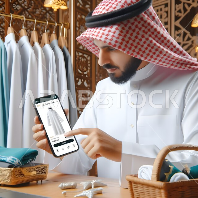 Ease of purchasing Eid clothes, smart and safe online shopping via mobile phone applications, use of modern technical devices, close-up photo of a Saudi Gulf Arab young man wearing traditional clothing holding a mobile phone in his hand, the concept of selecting and purchasing products remotely, technological development in the field of shopping