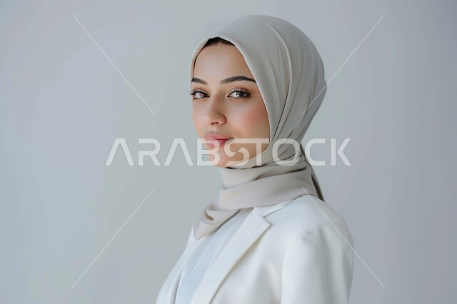 الاهتمام بالأناقة والمظهر الخارجي، مفهوم النعومة و الأنوثة، بورتريه مقرب لإمرأة عربيه خليجيه سعودية مبتسمة ترتدي الحجاب تنظر إلى الكاميرا بإيماءات الثقه بالنفس، أزياء محجبات عصرية حديثة، خلفية بيضاء