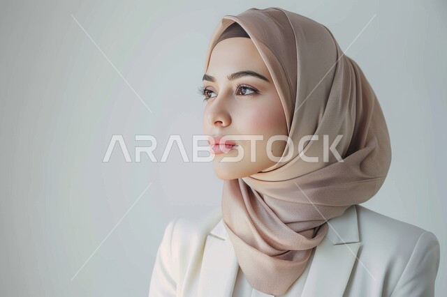 أزياء محجبات عصرية حديثة، الاهتمام بالأناقة والمظهر الخارجي، مفهوم النعومة و الأنوثة، بورتريه مقرب لإمرأة عربيه خليجيه سعودية مبتسمة ترتدي الحجاب تنظر إلى شيء ما بإيماءات وتعابير الثقه بالنفس، خلفية بيضاء