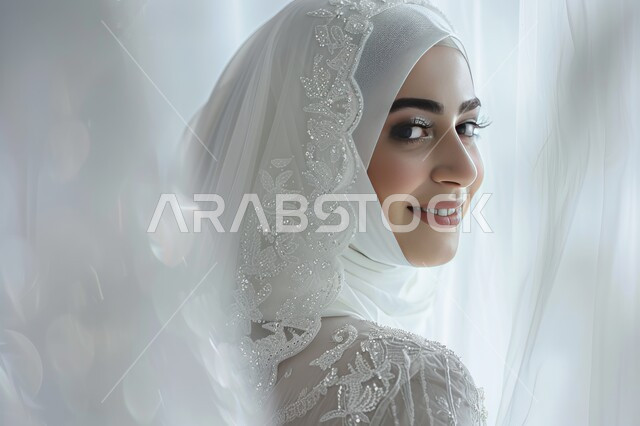 الاهتمام بالأناقة والمظهر الخارجي، مفهوم النعومة و الأنوثة، بورتريه مقرب لإمرأة عربيه خليجيه سعودية مبتسمة ترتدي الحجاب تنظر إلى الكاميرا بإيماءات الثقه بالنفس، أزياء محجبات عصرية حديثة، خلفية بيضاء