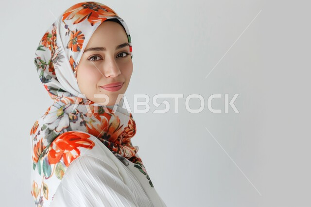 The concept of softness and femininity, attention to elegance and external appearance, a close-up portrait of a smiling Saudi Arabian Gulf woman wearing a hijab looking at the camera with gestures of self-confidence, modern modern veiled fashion, white background