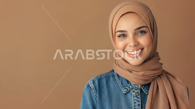 أزياء محجبات عصرية حديثة، الاهتمام بالأناقة والمظهر الخارجي، مفهوم النعومة و الأنوثة، بورتريه مقرب لإمرأة عربيه خليجيه سعودية مبتسمة ترتدي الحجاب تنظر إلى الكاميرا بإيماءات الثقه بالنفس، خلفية بيج
