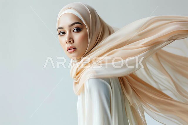 مفهوم النعومة و الأنوثة، الاهتمام بالأناقة والمظهر الخارجي، بورتريه مقرب لإمرأة عربيه خليجيه سعودية مبتسمة ترتدي الحجاب تنظر إلى الكاميرا بإيماءات الثقه بالنفس، أزياء محجبات عصرية حديثة، خلفية بيضاء