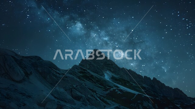 Terrain, sand dunes, and desert environment in the Arabian Desert, view of the Milky Way galaxy and bright stars in the Saudi sky, mountains and highlands of the Kingdom of Saudi Arabia at night, nature background