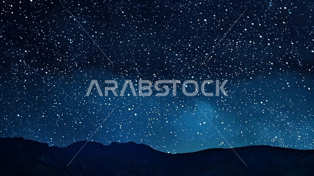 View of the Milky Way Galaxy and the bright stars in the Saudi sky, mountains and highlands of the Kingdom of Saudi Arabia at night, sand dunes, terrain and desert environment in the Arabian Desert, nature background