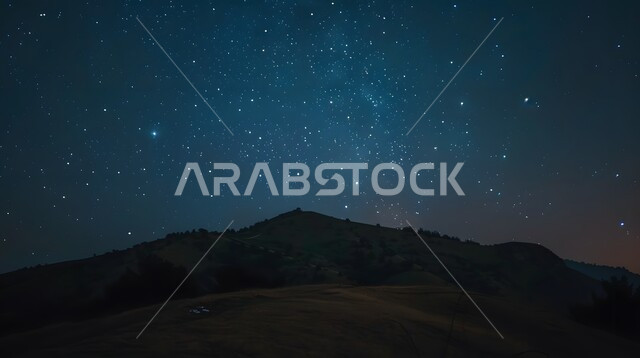 مشهد لمجرة درب التبانة والنجوم اللامعة في سماء السعوديه, جبال ومرتفعات المملكة العربية السعودية في الليل، الكثبان الرملية والتضاريس والبيئة الصحراوية في الصحراء العربية، خلفية الطبيعة