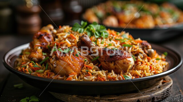  صحن من رز الكبسة، فنون تقديم الطعام في المطاعم الشرقية، مأكولات وأطباق عربية تقليدية، صورة مقربة لطبق من أرز البرياني مع قطع من الدجاج الطازج الطهي، وصفات الطعام الصحية الشهية