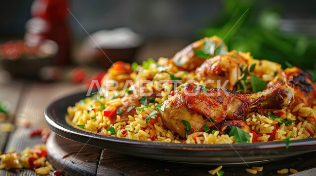  صحن من رز الكبسة، فنون تقديم الطعام في المطاعم الشرقية، مأكولات وأطباق عربية تقليدية، صورة مقربة لطبق من أرز البرياني مع قطع من الدجاج الطازج الطهي، وصفات الطعام الصحية الشهية