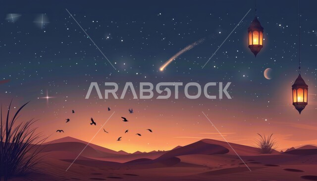 الكثبان الرملية والبيئة الصحراوية في المناطق البرية للمملكة العربية السعودية، فوانيس معدنية مزخرفة مضيئة، زينة إضاءة الاعياد والمناسبات الدينية، الاستعداد لاسقبال شهر رمضان المبارك، منظر مجرة درب التبانة والنجوم اللامعة في السماء