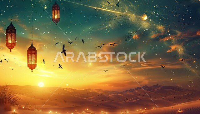 فوانيس معدنية مزخرفة مضيئة، زينة إضاءة الاعياد والمناسبات الدينية، الاستعداد لاسقبال شهر رمضان المبارك، منظر مجرة درب التبانة والنجوم اللامعة في السماء، الكثبان الرملية والبيئة الصحراوية في المناطق البرية للمملكة العربية السعودية