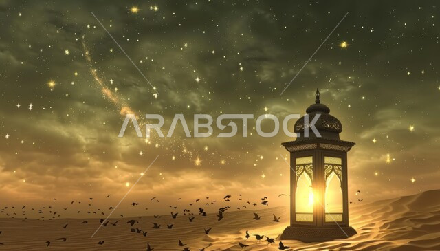 الكثبان الرملية والبيئة الصحراوية في المناطق البرية للمملكة العربية السعودية، فوانيس معدنية مزخرفة مضيئة، زينة إضاءة الاعياد والمناسبات الدينية، الاستعداد لاسقبال شهر رمضان المبارك، منظر مجرة درب التبانة والنجوم اللامعة في السماء