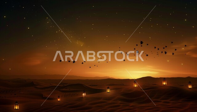 فوانيس معدنية مزخرفة مضيئة، زينة إضاءة الاعياد والمناسبات الدينية، الاستعداد لاسقبال شهر رمضان المبارك، منظر مجرة درب التبانة والنجوم اللامعة في السماء، الكثبان الرملية والبيئة الصحراوية في المناطق البرية للمملكة العربية السعودية