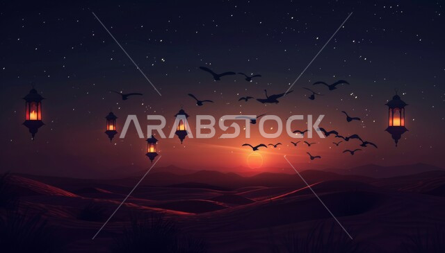 منظر مجرة درب التبانة والنجوم اللامعة في السماء، الكثبان الرملية والبيئة الصحراوية في المناطق البرية للمملكة العربية السعودية، فوانيس معدنية مزخرفة مضيئة، زينة إضاءة الاعياد والمناسبات الدينية، الاستعداد لاسقبال شهر رمضان المبارك