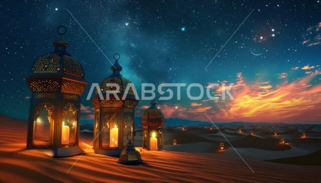 الكثبان الرملية والبيئة الصحراوية في المناطق البرية للمملكة العربية السعودية، فوانيس معدنية مزخرفة مضيئة، زينة إضاءة الاعياد والمناسبات الدينية، الاستعداد لاسقبال شهر رمضان المبارك، منظر مجرة درب التبانة والنجوم اللامعة في السماء