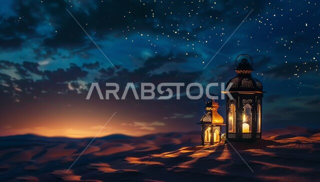 فوانيس معدنية مزخرفة مضيئة، زينة إضاءة الاعياد والمناسبات الدينية، الاستعداد لاسقبال شهر رمضان المبارك، منظر مجرة درب التبانة والنجوم اللامعة في السماء، الكثبان الرملية والبيئة الصحراوية في المناطق البرية للمملكة العربية السعودية