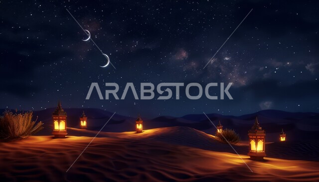 منظر مجرة درب التبانة والنجوم اللامعة في السماء، الكثبان الرملية والبيئة الصحراوية في المناطق البرية للمملكة العربية السعودية، فوانيس معدنية مزخرفة مضيئة، زينة إضاءة الاعياد والمناسبات الدينية، الاستعداد لاسقبال شهر رمضان المبارك