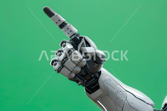 ايماءات وتعابير الاشارة الى شيء ما، الرؤية السعودية المستقبلية 2030، تحقيق الثورة الصناعية، العلوم والابتكار وتكنولوجيا الذكاء الاصطناعي، صورة مقربة ليد روبوت آلي حديث ومتطور بتقنيات عالية، خلفية خضراء، كروما