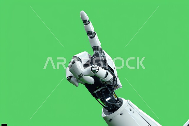 العلوم والابتكار وتكنولوجيا الذكاء الاصطناعي، ايماءات وتعابير الاشارة الى شيء ما، الرؤية السعودية المستقبلية 2030، تحقيق الثورة الصناعية، صورة مقربة ليد روبوت آلي حديث ومتطور بتقنيات عالية، خلفية خضراء، كروما