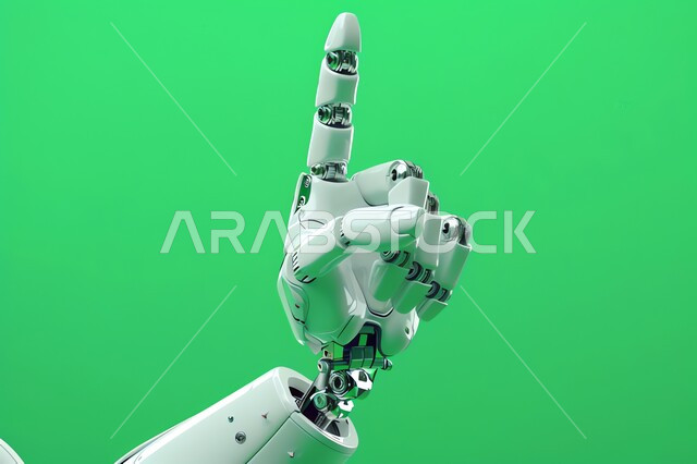 العلوم والابتكار وتكنولوجيا الذكاء الاصطناعي، ايماءات وتعابير الاشارة الى شيء ما، الرؤية السعودية المستقبلية 2030، تحقيق الثورة الصناعية، صورة مقربة ليد روبوت آلي حديث ومتطور بتقنيات عالية، خلفية خضراء، كروما