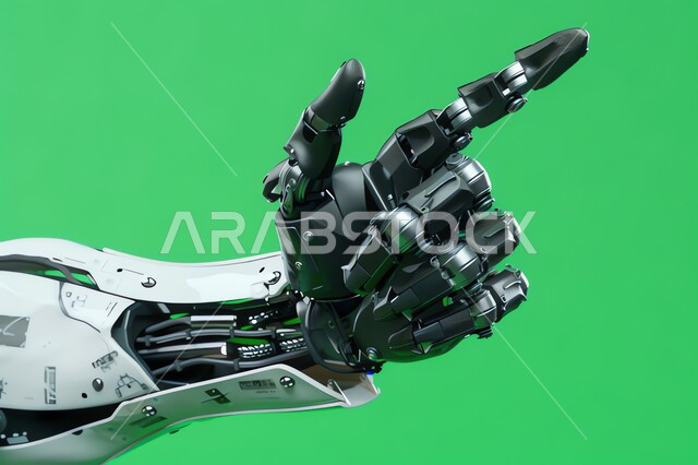ايماءات وتعابير الاشارة الى شيء ما، الرؤية السعودية المستقبلية 2030، تحقيق الثورة الصناعية، العلوم والابتكار وتكنولوجيا الذكاء الاصطناعي، صورة مقربة ليد روبوت آلي حديث ومتطور بتقنيات عالية، خلفية خضراء، كروما