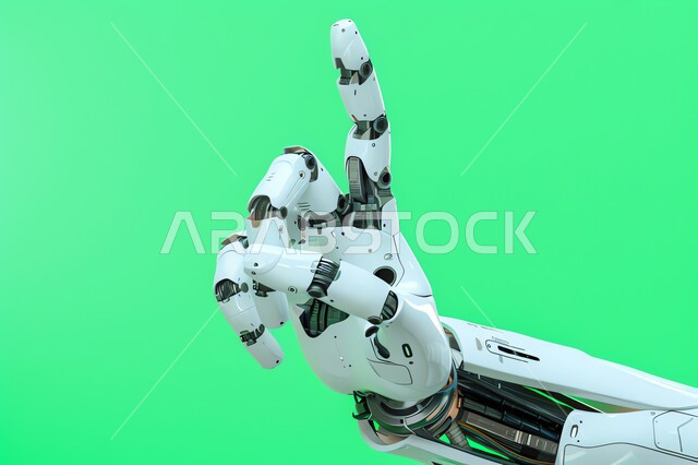 Science, innovation and artificial intelligence technology, gestures and expressions pointing to something, the Saudi future vision 2030, achieving the industrial revolution, a close-up of the hand of a modern and advanced automated robot with high technologies, green background, chroma