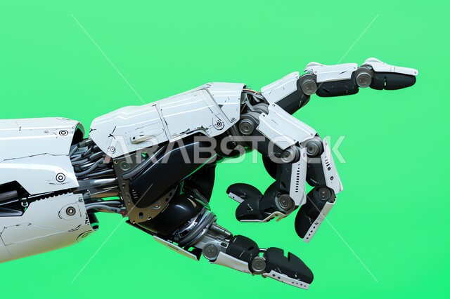 الرؤية السعودية المستقبلية 2030، تحقيق الثورة الصناعية، العلوم والابتكار وتكنولوجيا الذكاء الاصطناعي، صورة مقربة ليد روبوت آلي حديث ومتطور بتقنيات عالية، ايماءات وتعابير النقر على شيء ما، خلفية خضراء، كروما