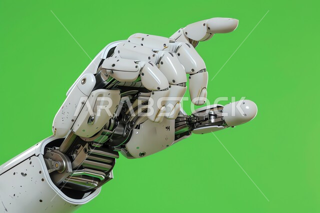 الرؤية السعودية المستقبلية 2030، تحقيق الثورة الصناعية، العلوم والابتكار وتكنولوجيا الذكاء الاصطناعي، صورة مقربة ليد روبوت آلي حديث ومتطور بتقنيات عالية، ايماءات وتعابير النقر على شيء ما، خلفية خضراء، كروما