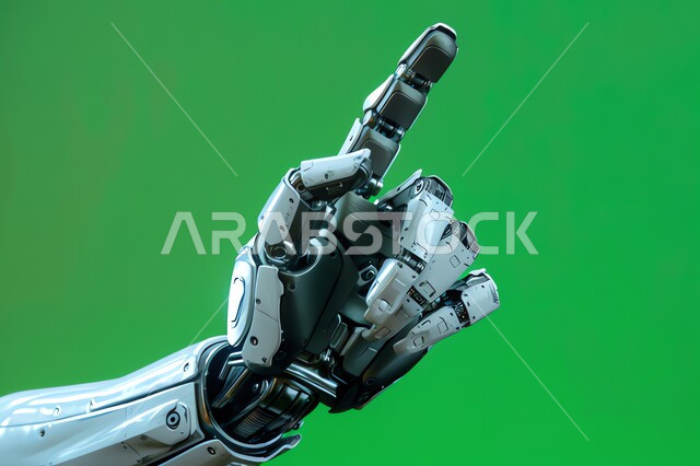 ايماءات وتعابير الاشارة الى شيء ما، الرؤية السعودية المستقبلية 2030، تحقيق الثورة الصناعية، العلوم والابتكار وتكنولوجيا الذكاء الاصطناعي، صورة مقربة ليد روبوت آلي حديث ومتطور بتقنيات عالية، خلفية خضراء، كروما