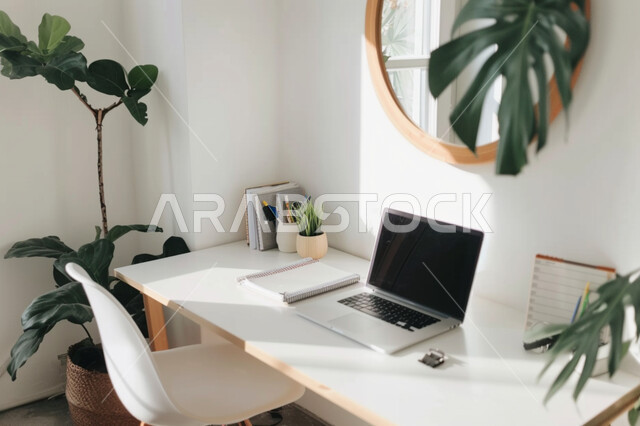 طاولة عمل مجهزة باللوازم المكتبية، العمل على الحاسوب المحمول، استخدام الاجهزة التقنية الحديثة في المكاتب، مهن ووظائف ادارية عن بعد، ديكورات وتصاميم وأثاث الغرفة باللون الأبيض الراقي