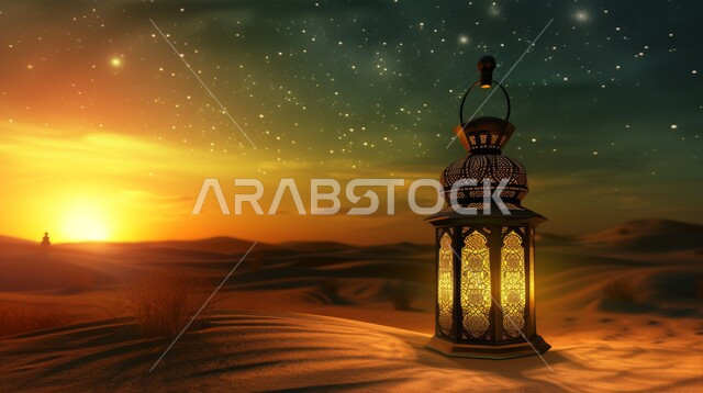 A view of the sky at sunset, sand dunes and the desert environment in the wild areas of the Kingdom of Saudi Arabia, a luminous decorative metal lantern, a lighting decoration for holidays and religious occasions, preparing to welcome the holy month of Ramadan.