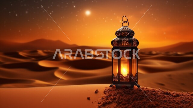  الاستعداد لاسقبال شهر رمضان المبارك، منظر السماء عند غروب الشمس، الكثبان الرملية والبيئة الصحراوية في المناطق البرية للمملكة العربية السعودية، فانوس معدني مزخرف مضيء، زينة إضاءة الاعياد والمناسبات الدينية