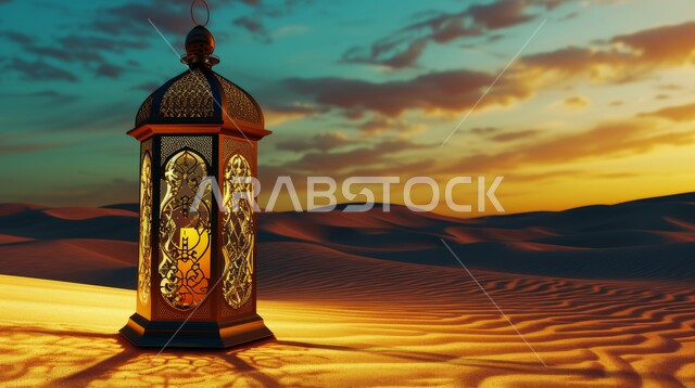 الكثبان الرملية والبيئة الصحراوية في المناطق البرية للمملكة العربية السعودية، فانوس معدني مزخرف مضيء، زينة إضاءة الاعياد والمناسبات الدينية، الاستعداد لاسقبال شهر رمضان المبارك، منظر السماء عند غروب الشمس