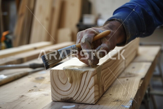مهنة النجارة التقليدية، صورة مقربة ليد حرفي ماهر يقوم بوضع الطلاء على القطعة الخشبية، معامل تصنيع الأثاث الخشبي للمنازل، حرف ومهن يدوية شعبية، ورشات العمل في المملكة العربية السعودية