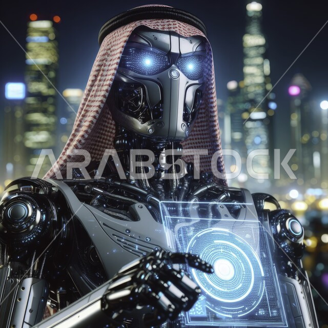 علوم و تكنولوجيا الذكاء الاصطناعي ،تحقيق الثورة الصناعية، صورة مقربة لرجل آلي حديث ومتطور بتقنيات عالية يرتدي الشماغ السعودي، العمل بمخططات تقنية، شبكة البيانات الضخمة والتحول الرقمي، رؤية سعودية 2030، تصاميم ثلاثية الأبعاد للروبوتات المستقبلية