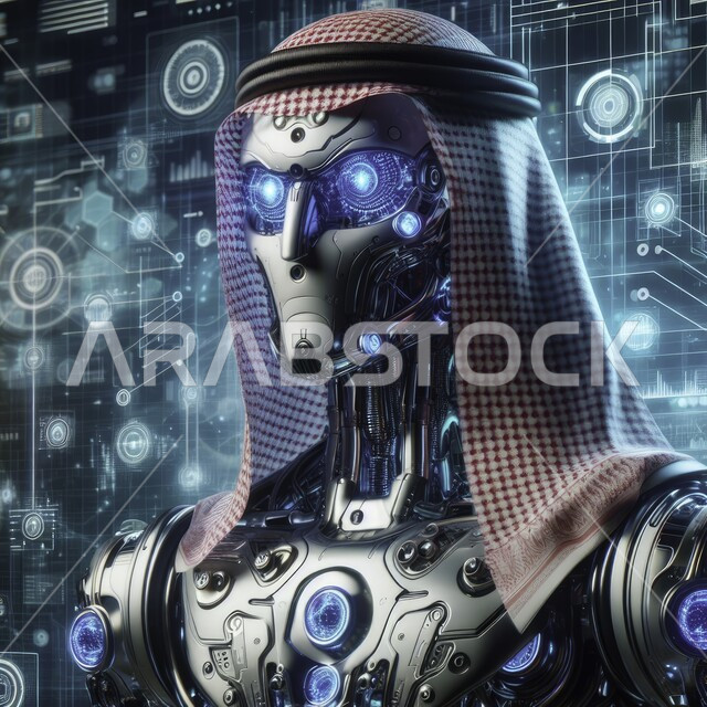 تصاميم ثلاثية الأبعاد للروبوتات المستقبلية, علوم و تكنولوجيا الذكاء الاصطناعي ،تحقيق الثورة الصناعية، صورة مقربة لرجل آلي حديث ومتطور بتقنيات عالية يرتدي الشماغ السعودي، العمل بمخططات تقنية، شبكة البيانات الضخمة والتحول الرقمي، رؤية سعودية 2030