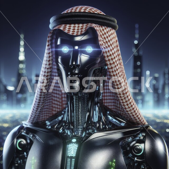 Big data network and digital transformation, Saudi Vision 2030, 3D designs for future robots, artificial intelligence science and technology, achieving the industrial revolution, a close-up of a modern and advanced robot with high technologies wearing the Saudi shemagh, working with technical plans