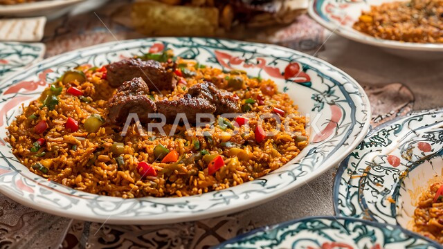مأكولات وأطباق عربية تقليدية اساسية في الأعياد السعودية، صورة مقربة لطبق المجبوس، وصفات الطعام الشهية، صحن من الأرز بالزعفران مع قطع اللحم المطهي، فنون تقديم الطعام في المطاعم الشرقية
