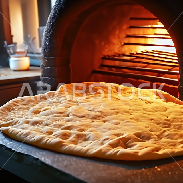 صورة مقربة لأرغفة الخبز العربي التقليدي أمام موقد الحطب، الخبز المفرود في الفرن العربي الشعبي، المخابز والأفران في المملكة العربية السعودية، مخبوزات ساخنة طازجة