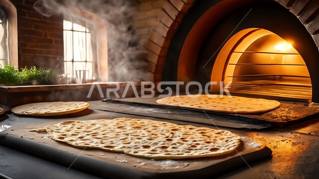 صورة مقربة لأرغفة الخبز العربي التقليدي أمام موقد الحطب، الخبز المفرود في الفرن العربي الشعبي، المخابز والأفران في المملكة العربية السعودية، مخبوزات ساخنة طازجة