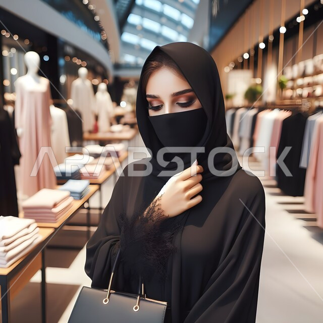 الاجراءات الاحترازية وارتداء الكمامة للوقاية من الامراض، الاثر الايجابي للتسوق على نفسية السيدات، إمرأة عربية خليجية سعودية ترتدي الحجاب والعباءة تقوم بشراء المستلزمات تنظر الى شيء ما، عروض وتخفيضات موسمية في الأسواق السعودية، قضاء اوقات ممتعه في المول التجاري