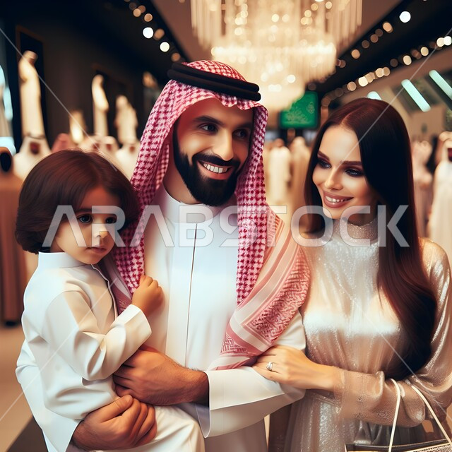  الاستفادة من الخصومات والعروضات الموسمية, عائلة عربية خليجية سعودية تستمتع بانتقاء ملابس العيد من المولات والمحلات التجارية الخليجية, التعاون والتشاور بين أفراد الأسرة وتعليم الأبناء مفهوم التسوق, متعة الشراء في المملكة العربية السعودية