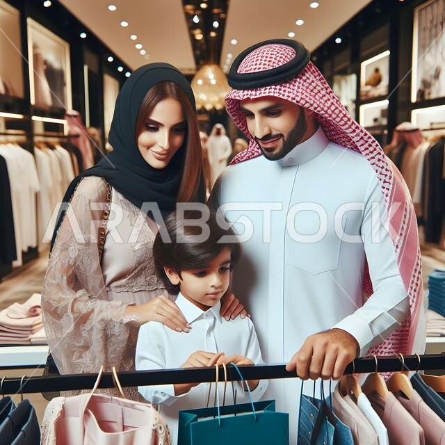 التعاون والتشاور بين أفراد الأسرة وتعليم الأبناء مفهوم التسوق, متعة الشراء في المملكة العربية السعودية, الاستفادة من الخصومات والعروضات الموسمية, عائلة عربية خليجية سعودية تستمتع بانتقاء ملابس العيد من المولات والمحلات التجارية الخليجية