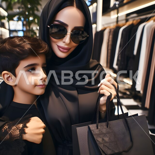 قضاء الوقت الممتع مع الابناء واختيار ملابس العيد, صورة مقربة لإمرأة عربية خليجية سعودية ترتدي العباءة السوداء والحجاب تستمتع بالتسوق برفقة ابنها, الاستفادة من العروضات والخصومات الموسمية, متعة الشراء من المولات والمحلات التجارية في المملكة العربية السعودية