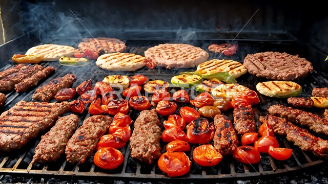 مطاعم للمأكولات العربية الشرقية, صورة مقربة للحوم والكبب والكفتة على أسياخ الشواء، وصفات الدجاج المشوية بنكهات سعودية متنوعة، أطعمة وأغذية صحية, وجبات اللحم الضأن الشهية الساخنة