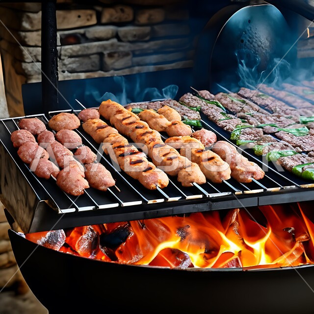 مطاعم للمأكولات العربية الشرقية, صورة مقربة للحوم والكبب والكفتة على أسياخ الشواء، وصفات الدجاج المشوية بنكهات سعودية متنوعة، أطعمة وأغذية صحية, وجبات اللحم الضأن الشهية الساخنة