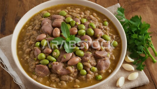 طبق من الفول المدمس والفاصوليا المهروسة المطهوة، محاصيل زراعية محلية، مأكولات عربية شرقية تقليدية، منتج محلي وطني سعودي، وصفات وأطباق طعام شعبية، فطور صباحي صحي