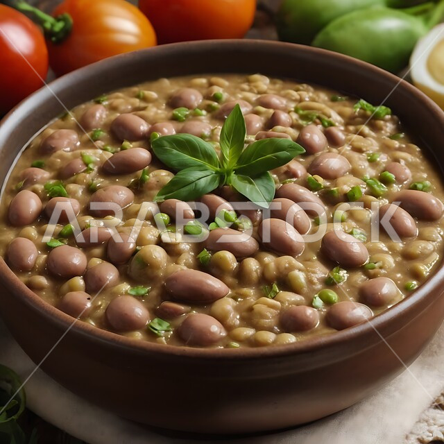 فطور صباحي صحي، طبق من الفول المدمس والفاصوليا المهروسة المطهوة، محاصيل زراعية محلية، مأكولات عربية شرقية تقليدية، منتج محلي وطني سعودي، وصفات وأطباق طعام شعبية