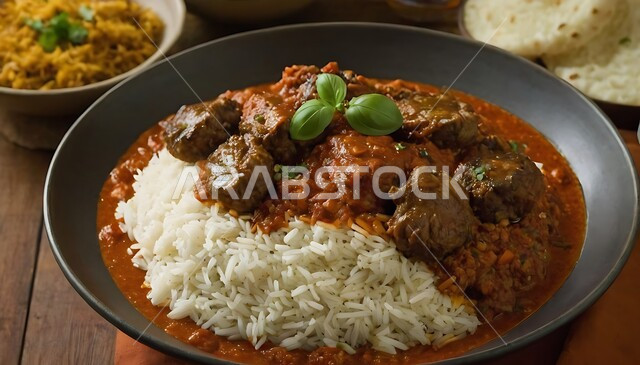 وجبة الحنيذ الشهية، طبق من الأرز مع لحوم الضأن المتبلة والمشوية وصلصة الطماطم، أكلات شعبية تقليدية مشهورة، وصفات المأكولات الشرقيه اللذيذة، المطاعم والمطابخ في المملكة العربية السعودية